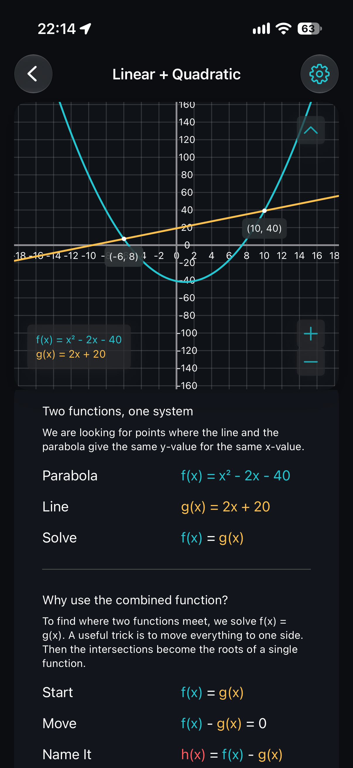 Beautiful Functions guided explanation of linear and quadratic intersections